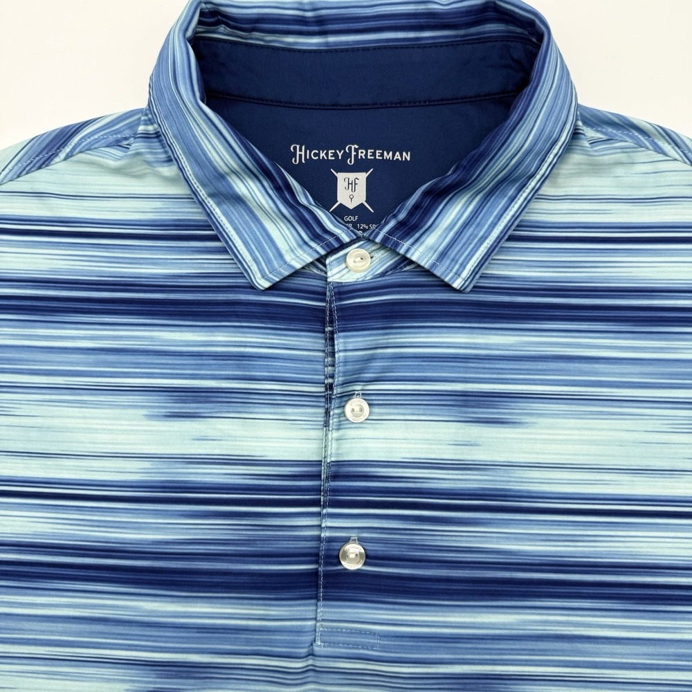 Hickey Freeman Polo Shirt Mens XL Blue Space Dye Stripe Golf Performance Stretch